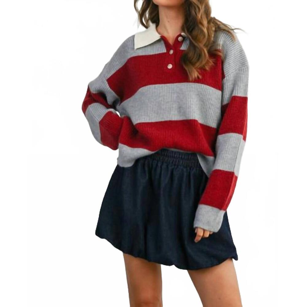 NEW BUTTERMELON buttoned striped collared long sleeve top in grey burgundy